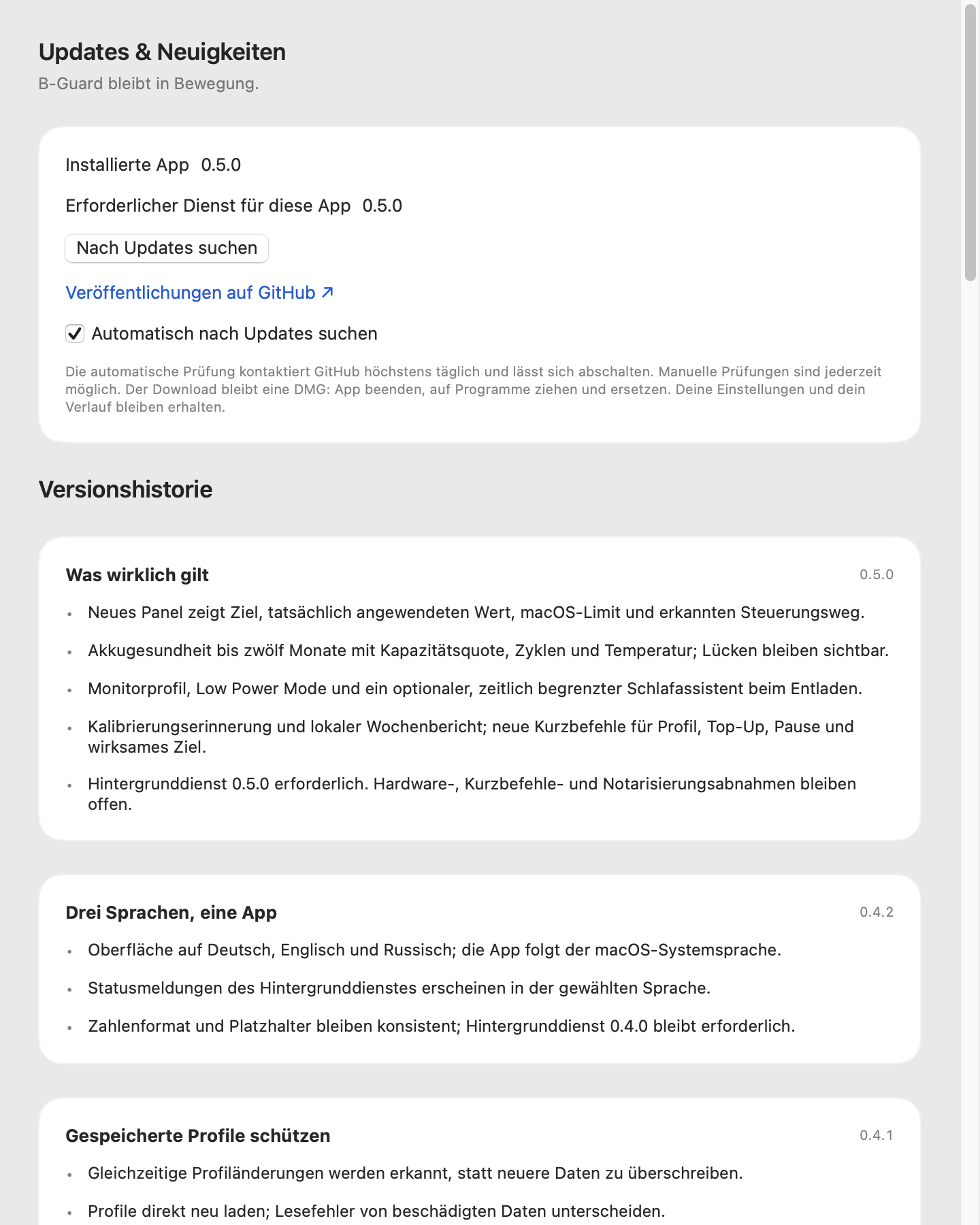 Updates und Versionshistorie in B-Guard.